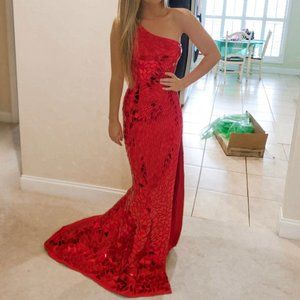 Sparkly  Shattered Glass Sherri Hill Red one shoulder evening gown prom dress